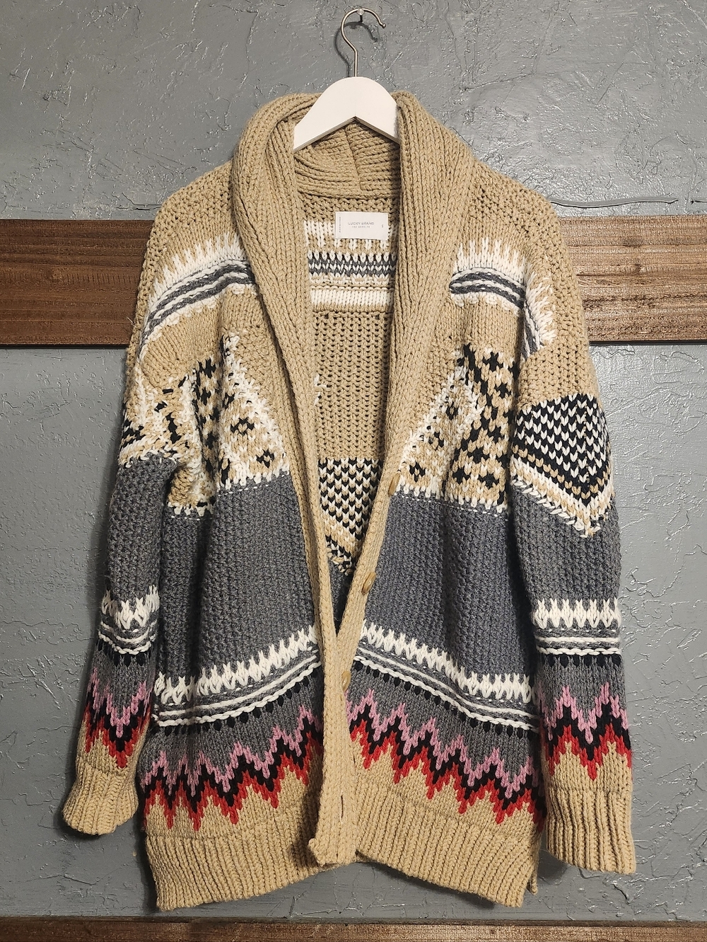 Lucky Brand Womens Size S Tribal Print Cardigan Chunky Sweater Wool Blend - Picture 2 of 5